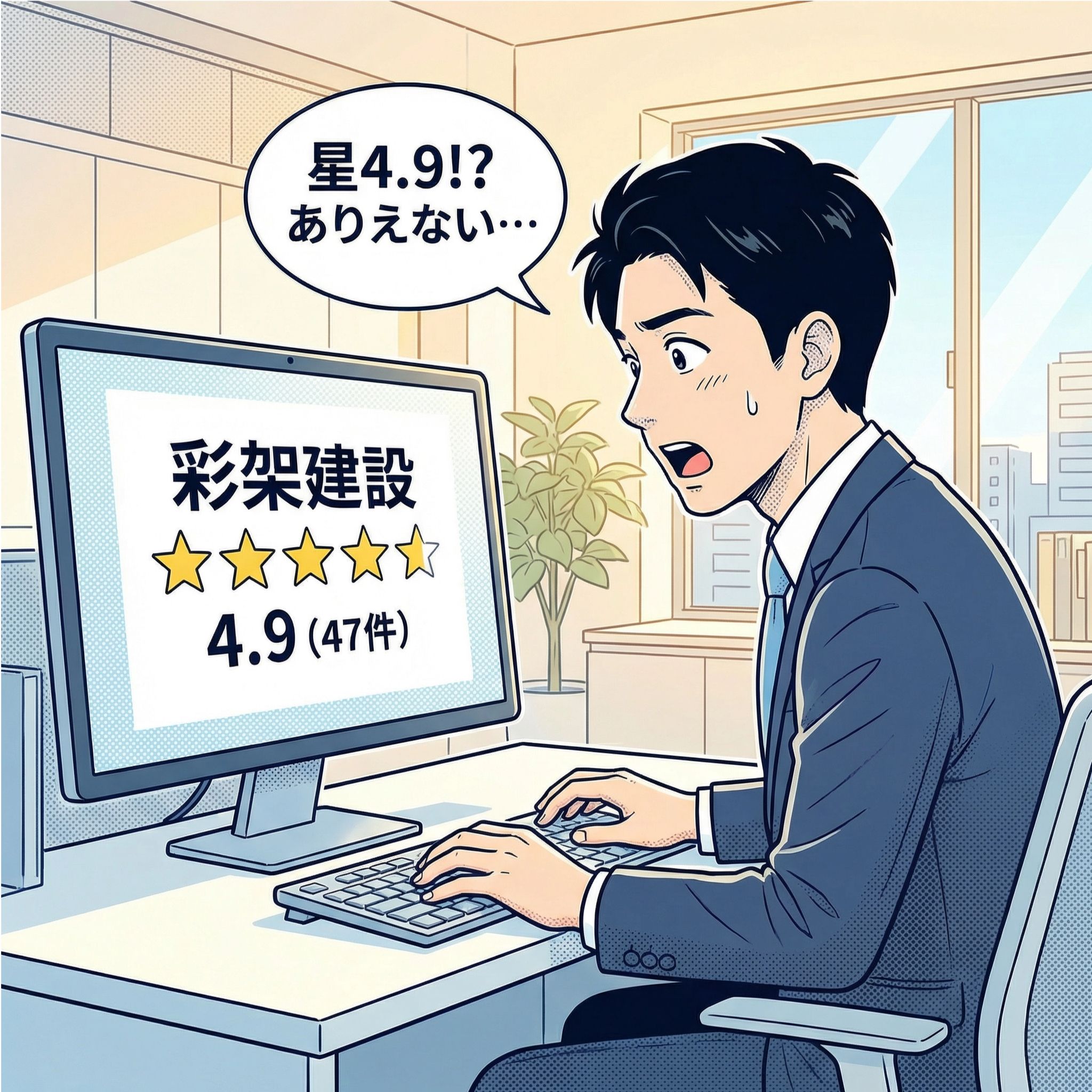 福岡県の雨漏り修理業者を調査する雨漏り診断士・村上健司が、彩架建設株式会社のGoogleマップ口コミ評価「星4.9（47件）」を発見し驚愕する漫画イラスト