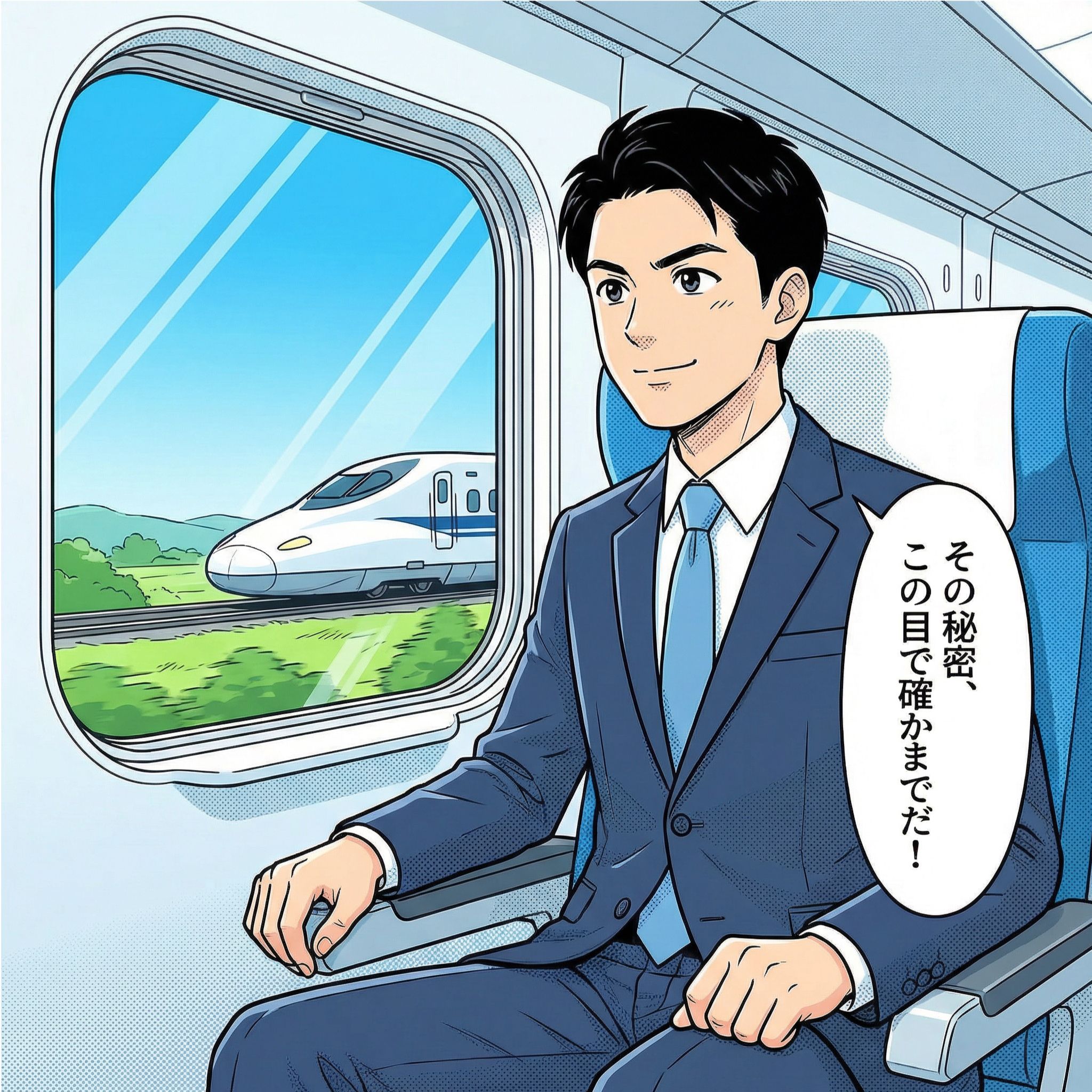 福岡県久留米市の雨漏り修理のおすすめ業者を自らの目で確かめるため、新幹線で福岡へ向かう雨漏り診断士・村上健司の漫画イラスト