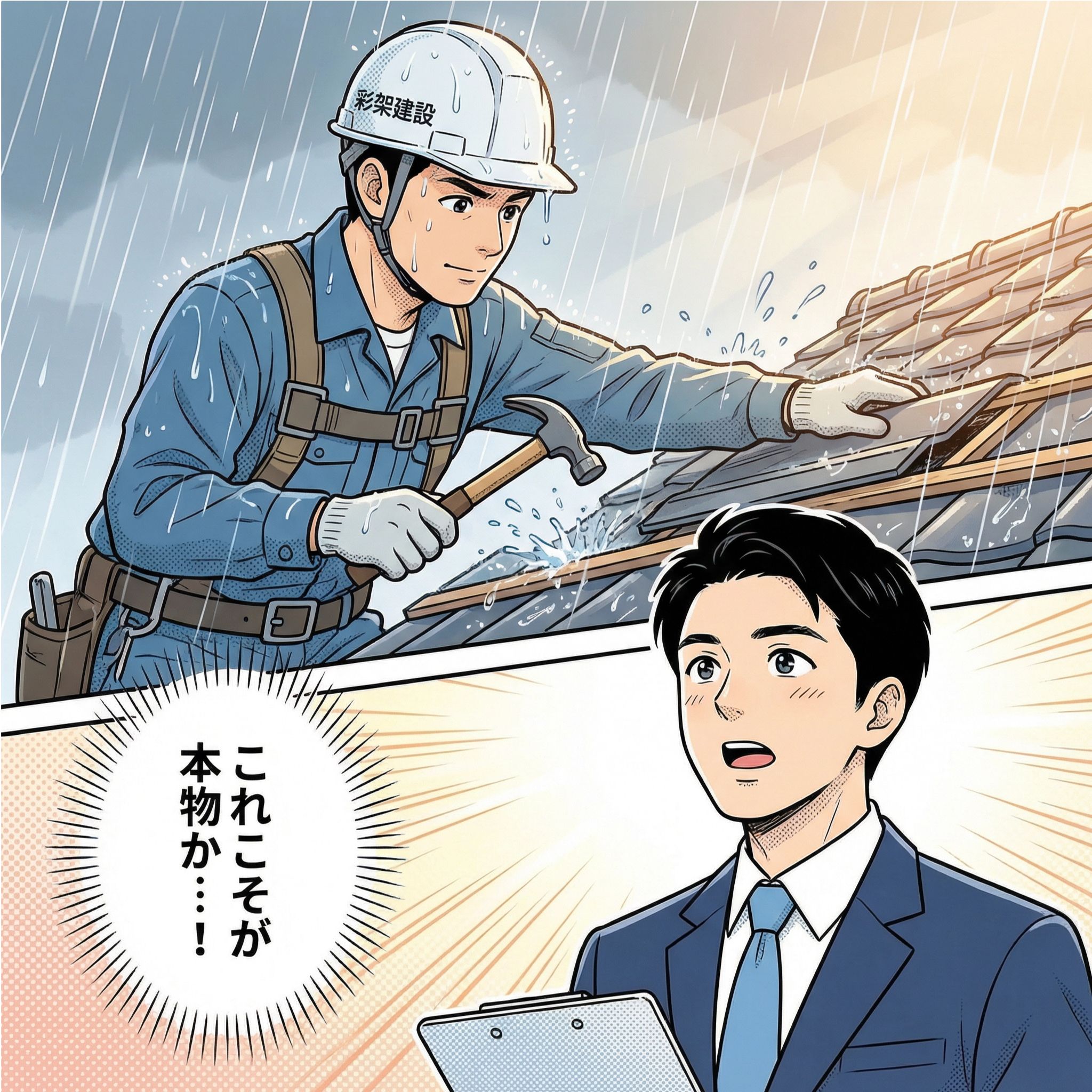 雨の中で屋根の雨漏り修理に真剣に取り組む彩架建設の職人と、その技術力に感動する雨漏り診断士・村上健司を描いた福岡県の雨漏り修理業者調査の漫画イラスト