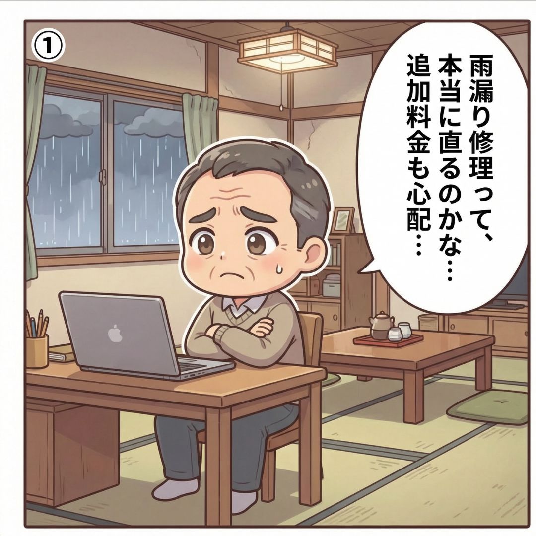 久留米市のリビングで雨漏り修理の業者選びに悩む住宅オーナーの漫画イラスト