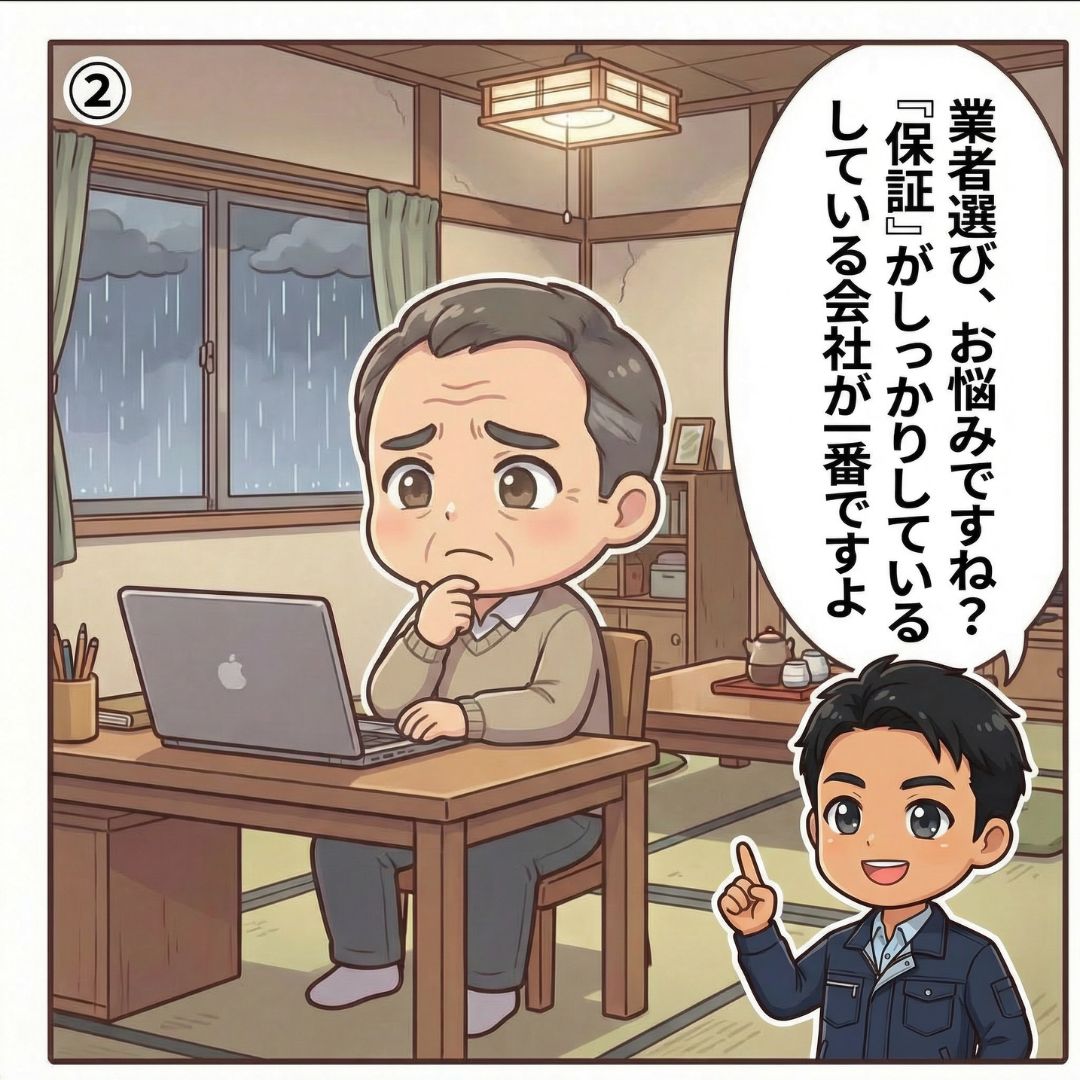 雨漏り診断士が業者選びのポイントは保証の充実度だとアドバイスする漫画イラスト