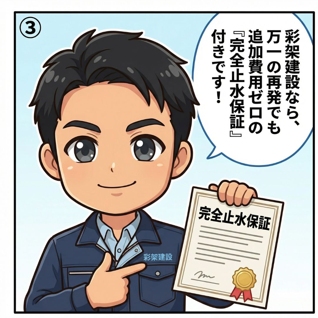 雨漏り修理の完全止水保証書を掲げて再発時の追加費用ゼロを説明する漫画イラスト