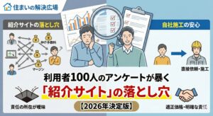 利用者100人のアンケートが暴く「紹介サイト」の落とし穴【2026年決定版】｜紹介サイト（仲介マージン・責任曖昧）と自社施工（直接依頼・適正価格）の比較イラスト