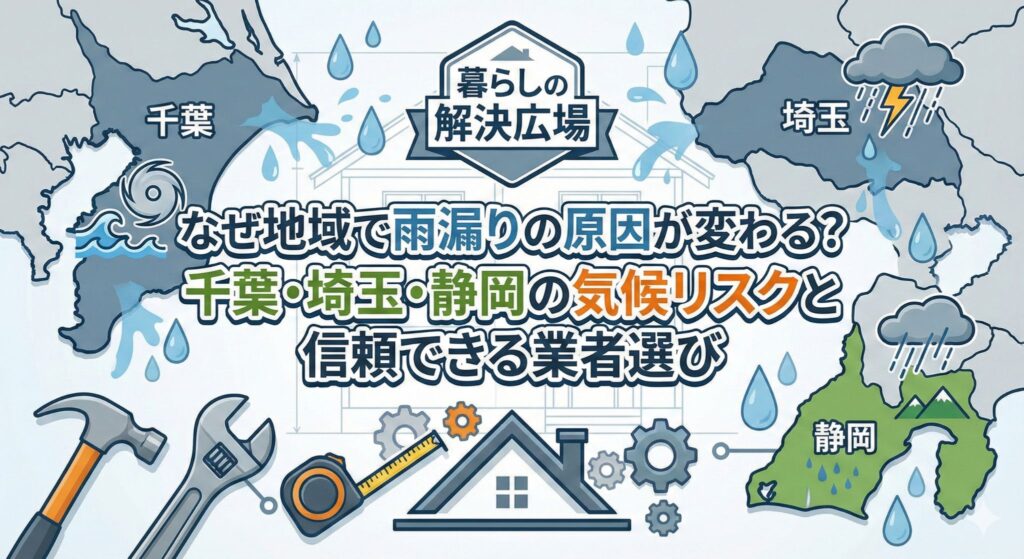 千葉・埼玉・静岡の地図シルエットに雨や雷のアイコン、修理工具のイラストを配置したアイキャッチ画像。中央に「なぜ地域で雨漏りの原因が変わる？千葉・埼玉・静岡の気候リスクと信頼できる業者選び」というタイトルと、「暮らしの解決広場」のロゴがデザインされている。