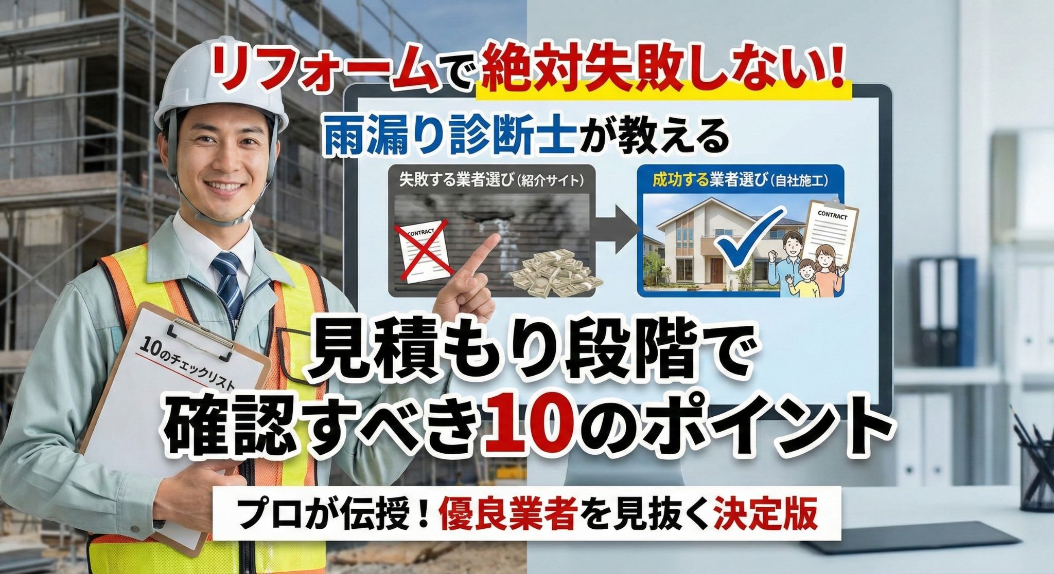 関東・東海の雨漏り修理・屋根工事 業者選びの決定版アイキャッチ。一級建築士・村上健司が「リフォーム業界の倒産率96％の真実」と「10年後も後悔しない選び方」を解説。背景に関東・東海の地図と屋根修理現場のイメージ。
