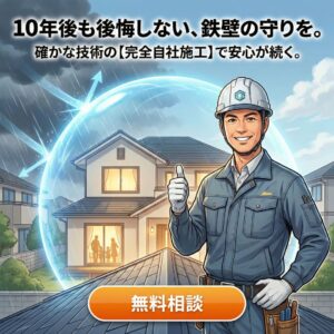 雨漏り修理・屋根工事の完全自社施工イメージ。雨風をバリアで防ぐ家と笑顔の熟練職人。『10年後も後悔しない、鉄壁の守りを。確かな技術の【完全自社施工】で安心が続く。』のキャッチコピー。