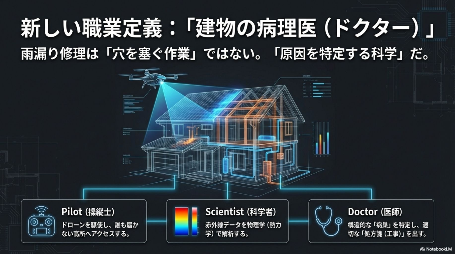 建物の病理医としての3つの役割。操縦士（Pilot）、科学者（Scientist）、医師（Doctor）による科学的な雨漏り特定。