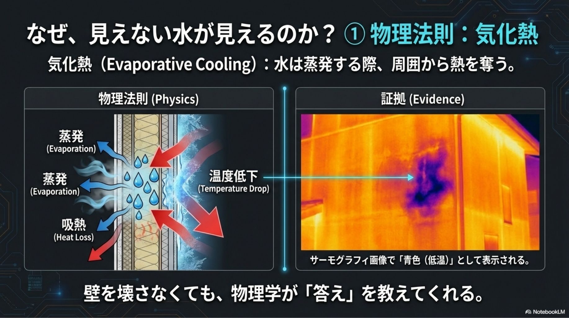 雨漏り特定の物理法則①「気化熱」。水が蒸発する際の温度低下をサーモグラフィ画像で捉える原理。