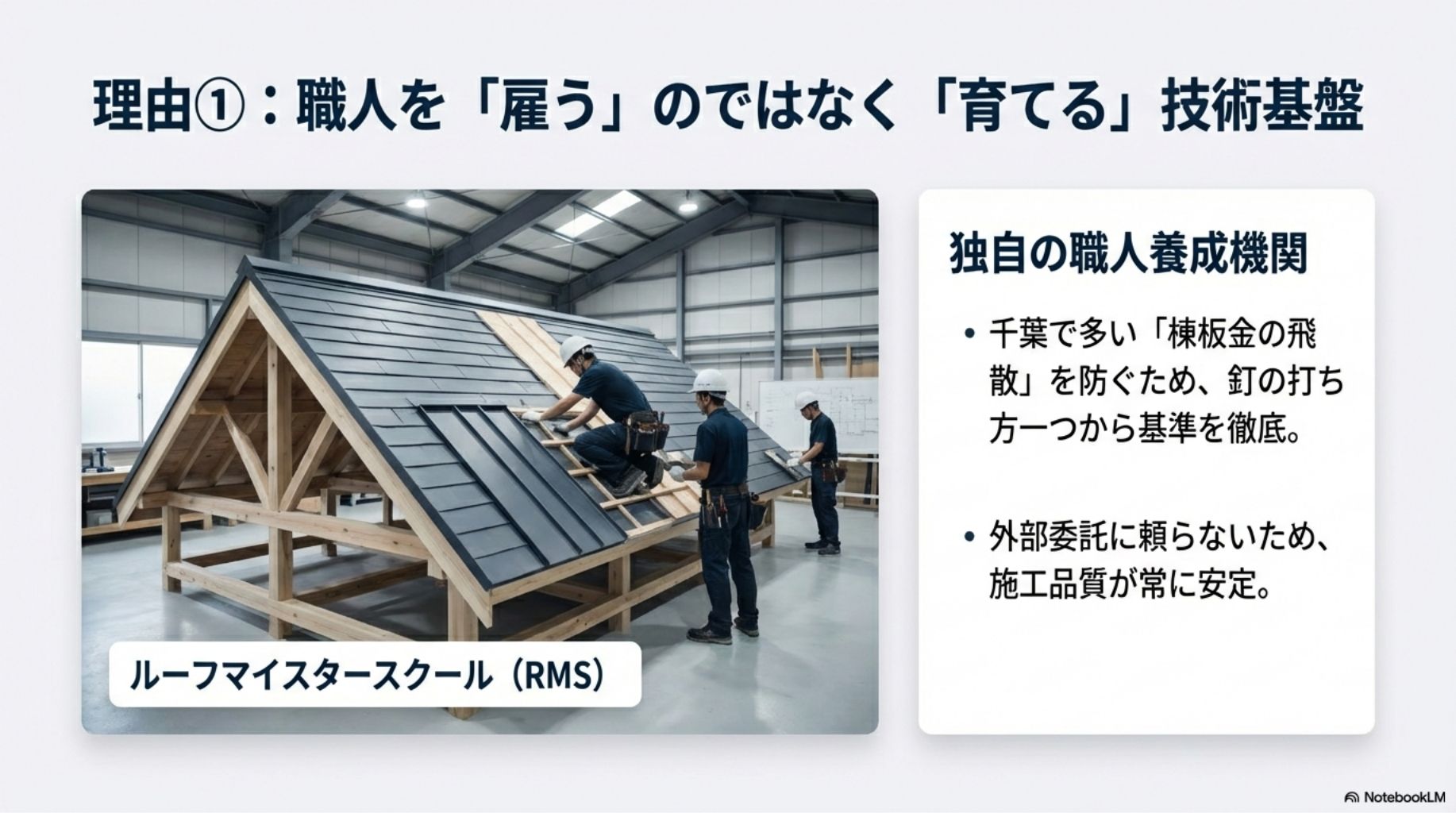 独自の職人養成機関「ルーフマイスタースクール（RMS）」の様子。職人を「雇う」のではなく「育てる」技術基盤。釘の打ち方一つから基準を徹底し、外部委託に頼らず品質を安定させる仕組み。