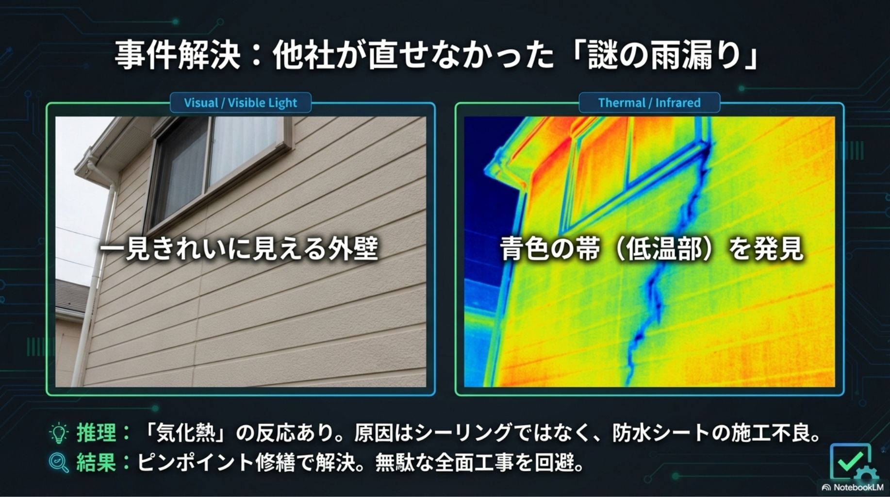 【解決事例】他社が直せなかった謎の雨漏り。可視光では見えない防水シートの不具合を、赤外線と気化熱の原理で特定。