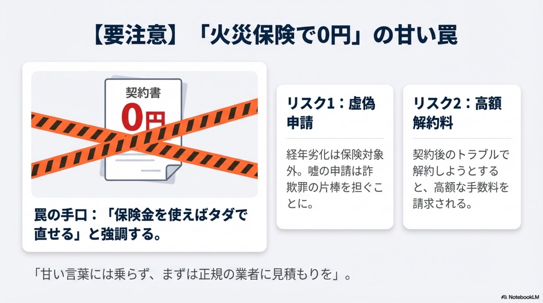 「火災保険で0円」を謳う業者の甘い罠。経年劣化を偽る虚偽申請（詐欺リスク）と、契約後の高額解約料トラブルへの警告。