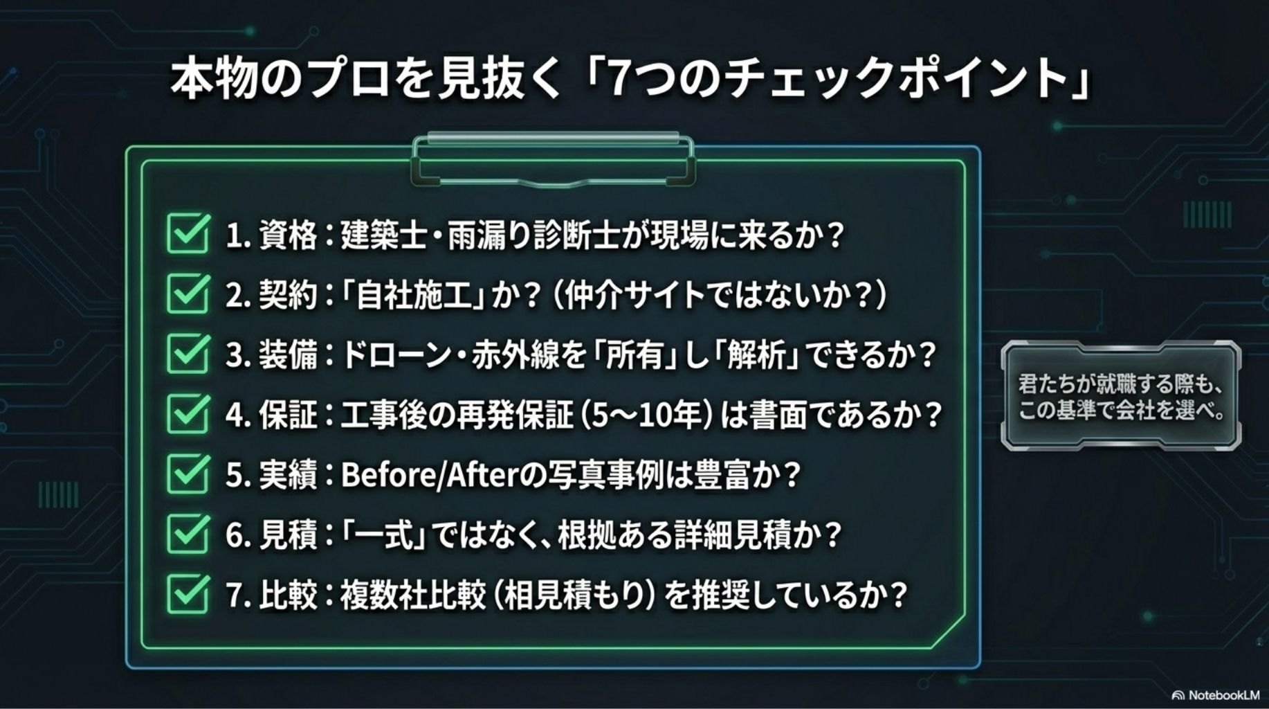 本物のプロを見抜く7つのチェックポイント。資格、自社施工、ドローン解析能力など、業者選びで失敗しないための基準。