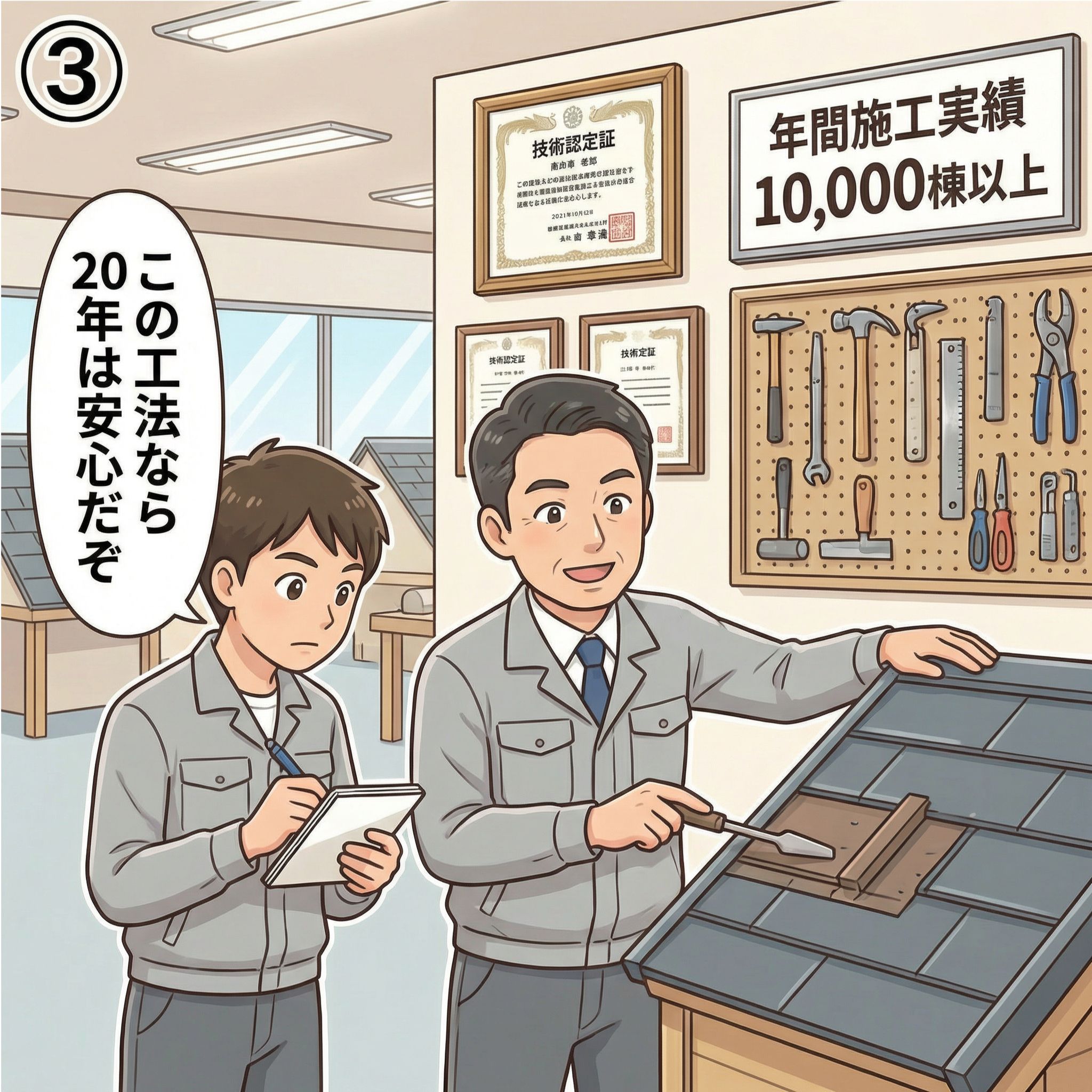 研修センター内で先輩職人が若手に屋根施工の技術を指導している様子。壁には技術認定証と年間施工実績10,000棟以上の掲示がある漫画イラスト