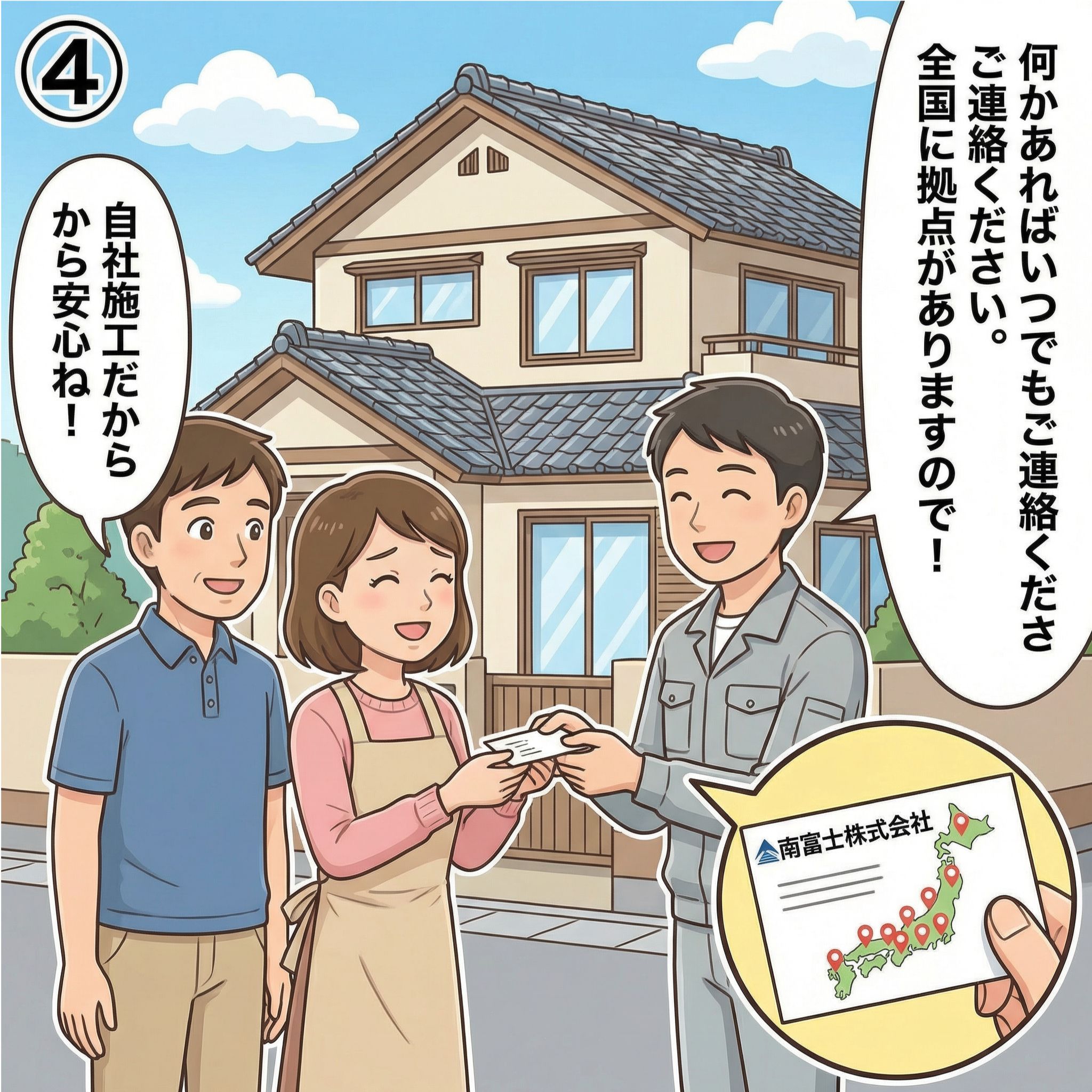 修理完了後、職人が笑顔の夫婦に全国拠点マップ付きの名刺を手渡し、アフターフォローの安心感を伝えている漫画イラスト