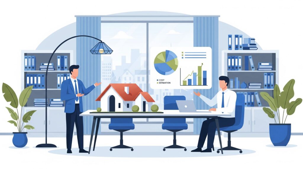 千葉県の雨漏り修理費用と相場について、専門家が屋根模型とグラフを用いて見積もりや工法を解説しているビジネス風イラスト。