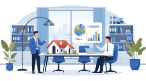 千葉県の雨漏り修理費用と相場について、専門家が屋根模型とグラフを用いて見積もりや工法を解説しているビジネス風イラスト。