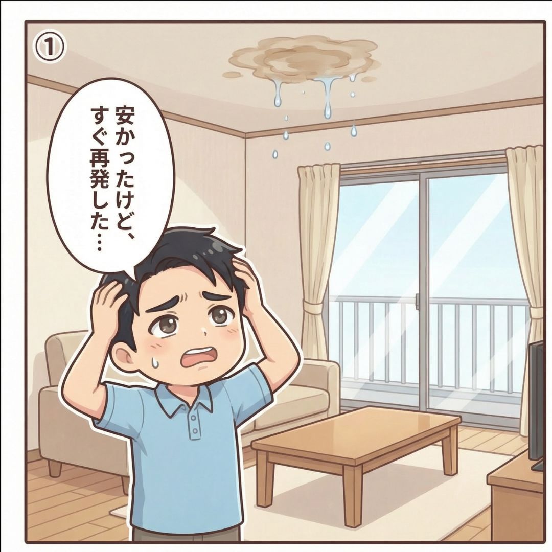 千葉県の住宅で雨漏りが再発し天井のシミを見上げて困っている男性の漫画イラスト