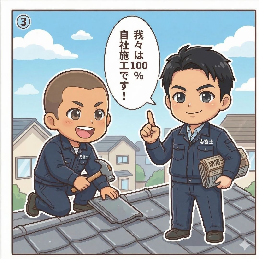 南富士のユニフォームを着た自社職人チームが屋根の上で100%自社施工の修理作業を行う漫画イラスト