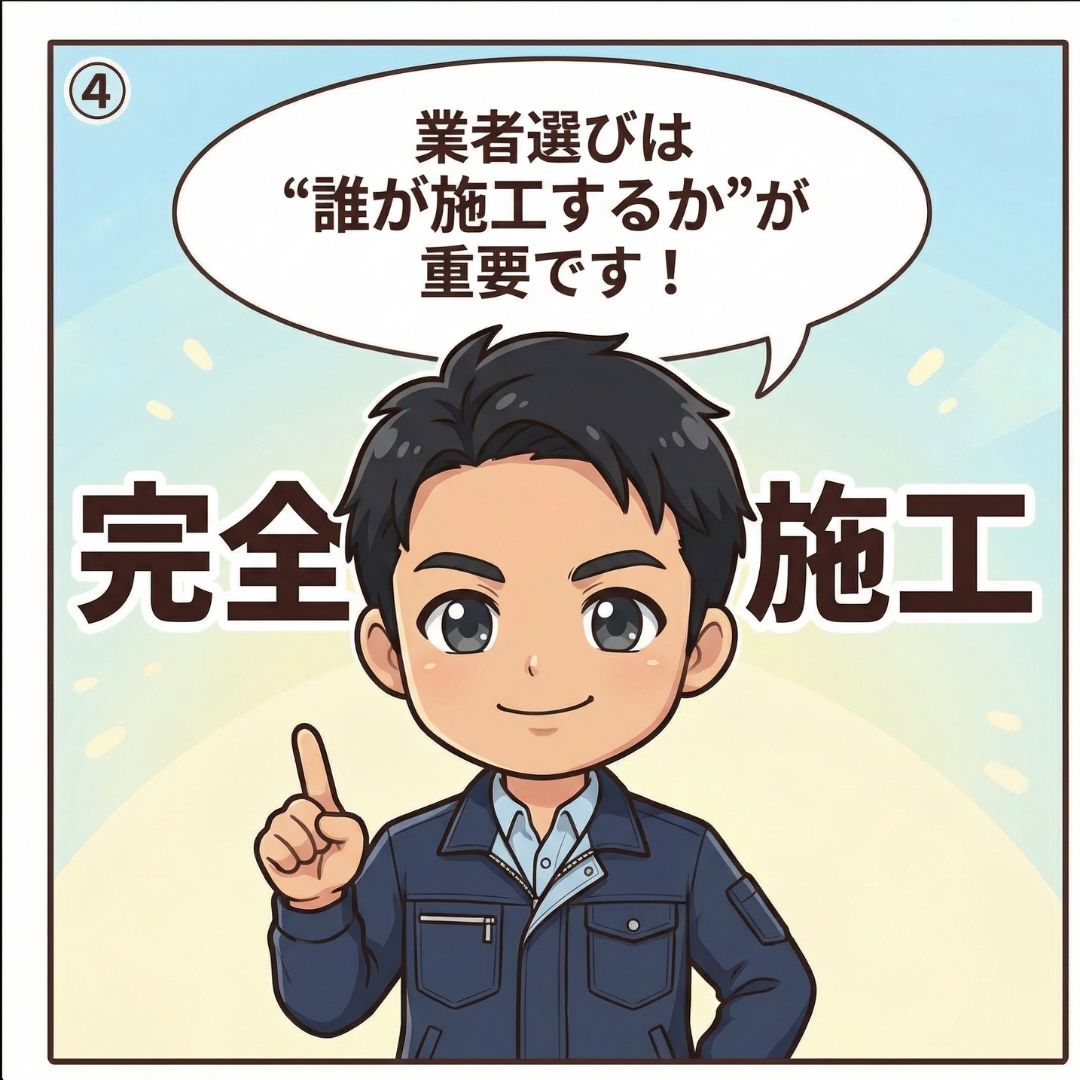 雨漏り修理の専門家が完全自社施工の重要性を強調し業者選びのポイントを読者に伝える漫画イラスト