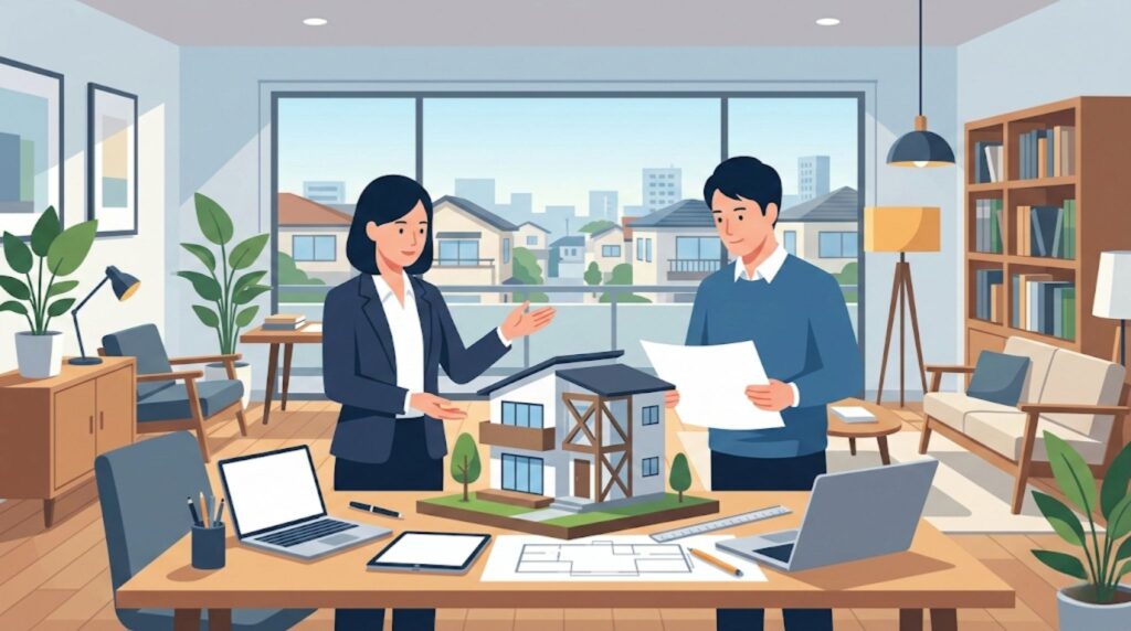 日本の家の寿命が短い理由や対策について、住宅模型を前に話し合う二人のビジネスパーソンのイラスト。