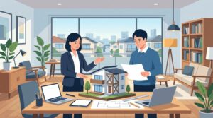 日本の家の寿命が短い理由や対策について、住宅模型を前に話し合う二人のビジネスパーソンのイラスト。