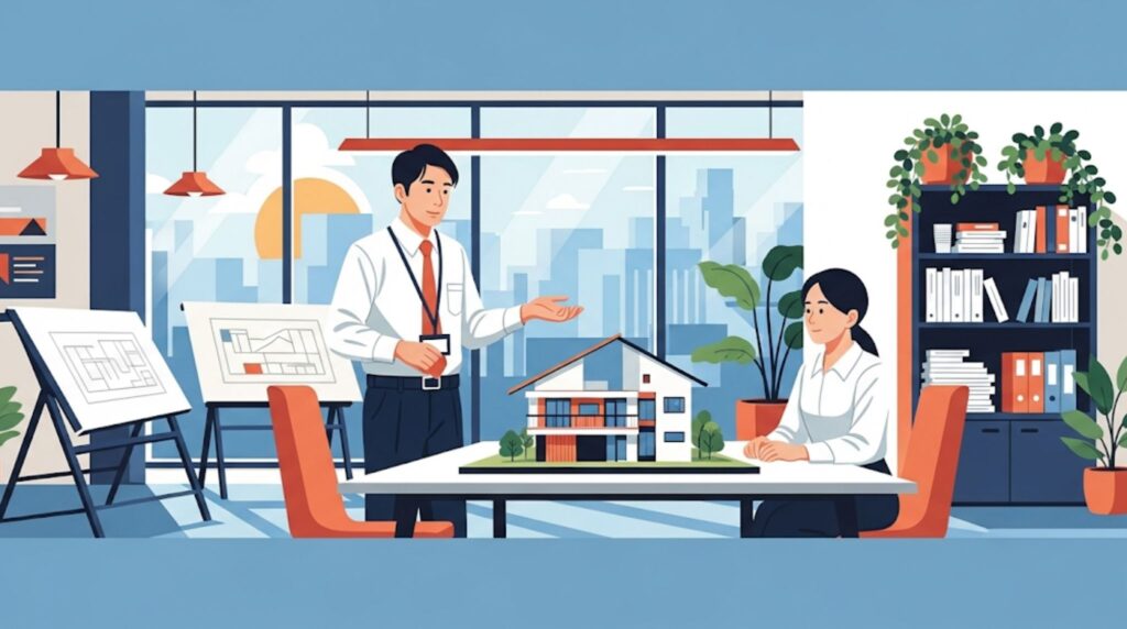 一級建築士が屋根の短い住宅模型を用いて、現代の住宅設計や雨漏り対策について説明している様子