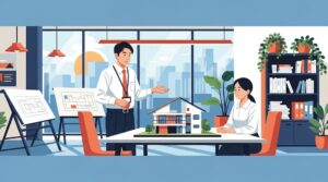 一級建築士が屋根の短い住宅模型を用いて、現代の住宅設計や雨漏り対策について説明している様子