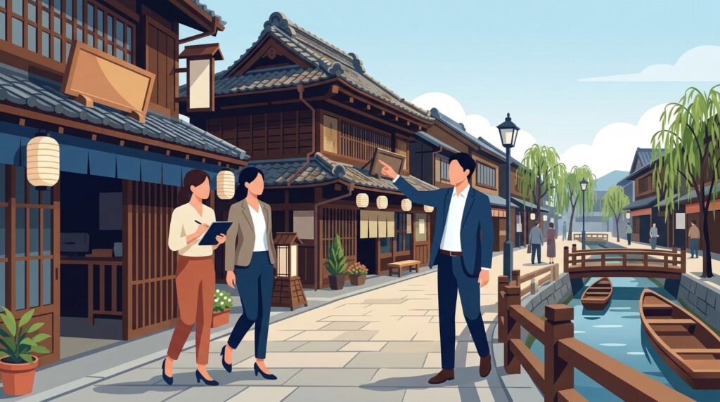 佐原の歴史的な町並みや商店街を歩きながら、建物の視察や打ち合わせを行う日本人ビジネスパーソンの様子を描いたイラスト。