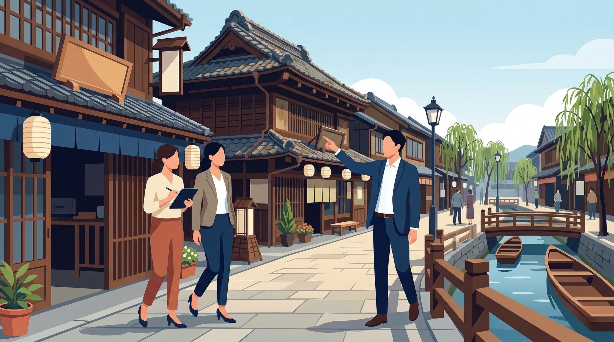 佐原の歴史的な町並みや商店街を歩きながら、建物の視察や打ち合わせを行う日本人ビジネスパーソンの様子を描いたイラスト。