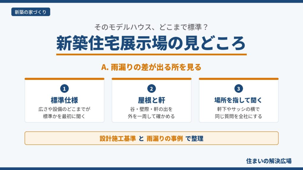 市原市の新築住宅展示場で見るべき点を、標準仕様・屋根と軒・場所を指して聞く質問の3つに分けた図。雨漏りの差が出る所を見ることを示す
