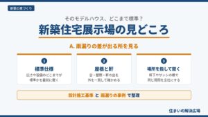 市原市の新築住宅展示場で見るべき点を、標準仕様・屋根と軒・場所を指して聞く質問の3つに分けた図。雨漏りの差が出る所を見ることを示す