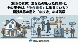 建設業界の「中抜き」構造と修理代金の流れを可視化したビジネスレポート風のアイキャッチ画像。左側の住宅から支払われたお金が、中央のスーツを着た仲介業者を経由する過程で大きく減額され、右側の現場職人に届く仕組みをイラストで解説している。「住まいの解決広場」のロゴ入り。