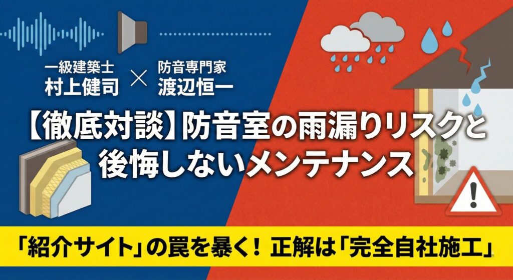 防音室の雨漏りリスクと後悔しないメンテナンスに関する徹底対談（一級建築士 村上健司 × 防音専門家 渡辺恒一）。「紹介サイト」の罠を暴き、正解は「完全自社施工」であることを解説するアイキャッチ画像