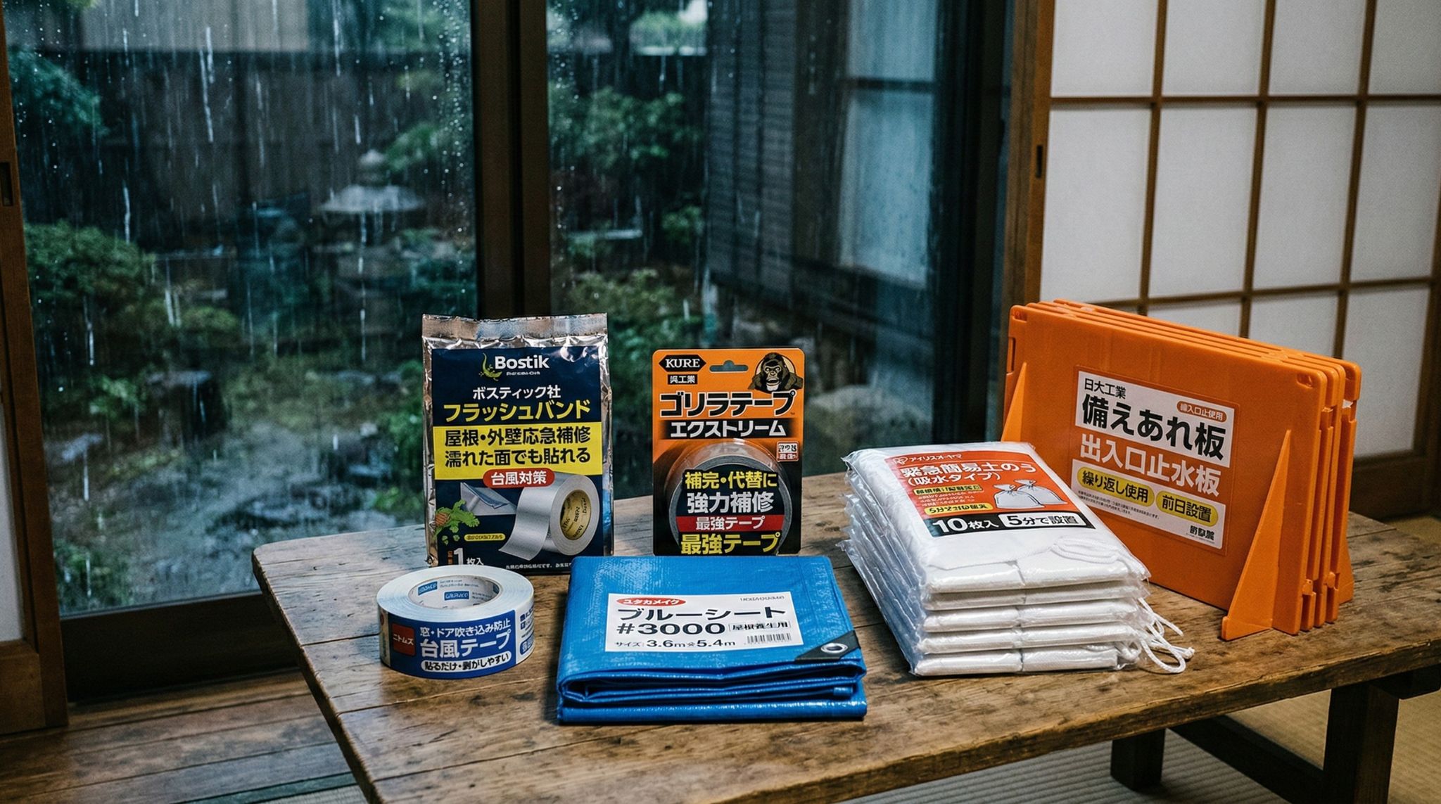 台風対策の防災グッズ（フラッシュバンド、ゴリラテープ、ブルーシート、吸水土のう、止水板）が和室のテーブルに並んでいる様子