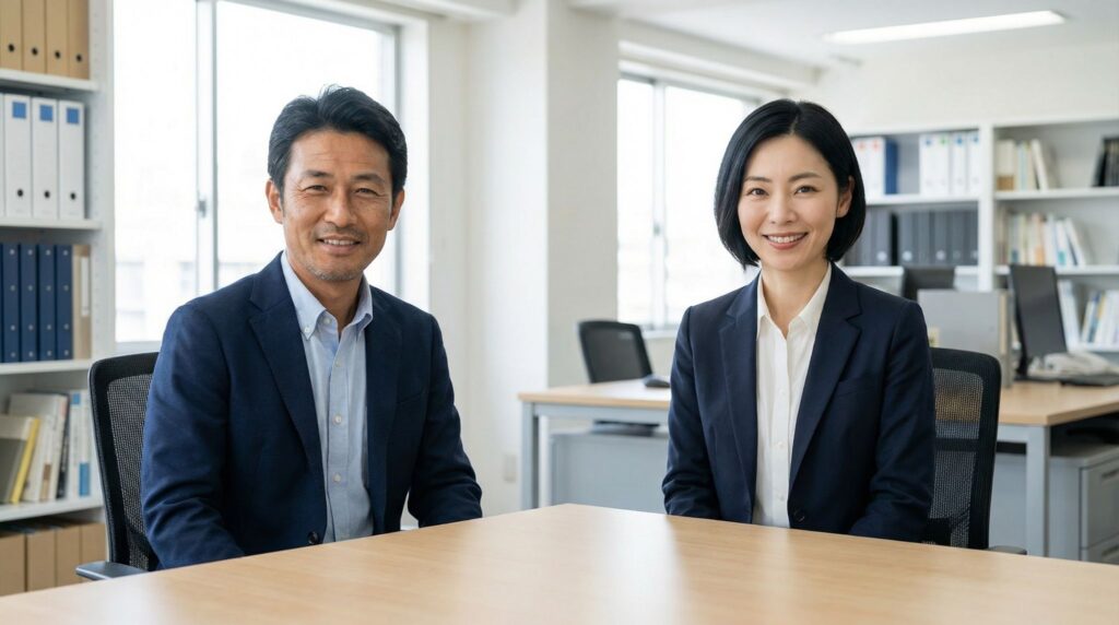 住宅インスペクション（住宅診断）について対談する建築士と不動産業者をイメージした、オフィスで笑顔で並んで座る男女のビジネスパーソン