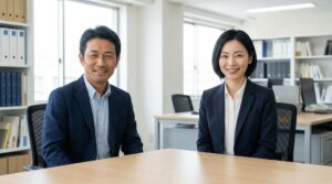 住宅インスペクション（住宅診断）について対談する建築士と不動産業者をイメージした、オフィスで笑顔で並んで座る男女のビジネスパーソン