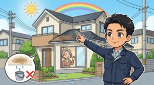 実家の雨漏り修理体験談を紹介するアイキャッチ。屋根の不具合を指差す修理業者と、窓から笑顔で手を振る高齢女性のイラスト。天井のシミや水漏れ対策のイメージ図を含む。