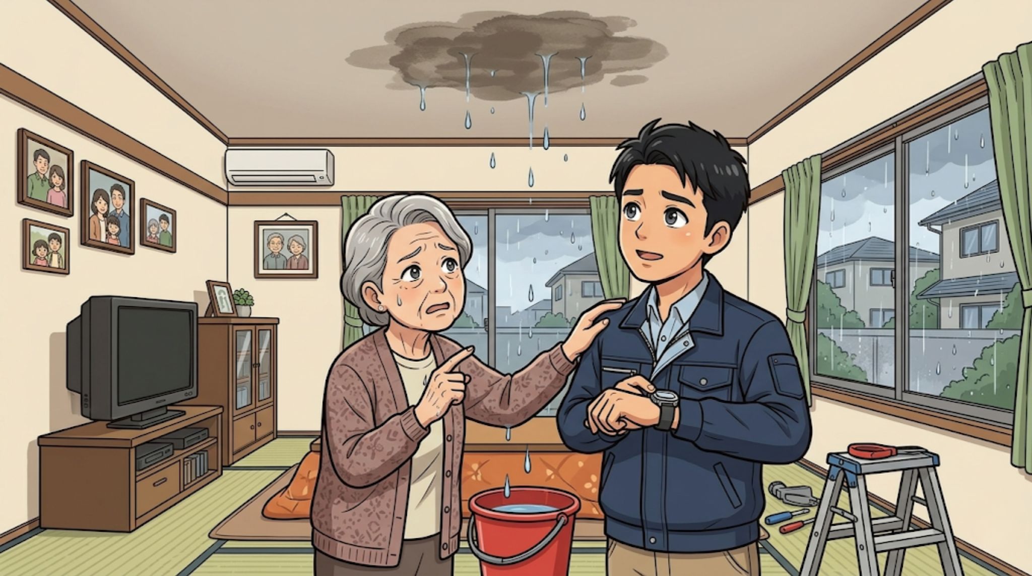 実家の天井から雨漏りしてバケツに水が落ちる中、心配する母親と頼もしい修理業者の男性のイラスト