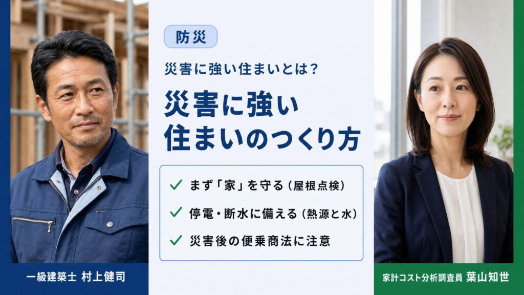 災害に強い住まいをテーマに、屋根・ライフライン・災害後の便乗商法を一級建築士 村上健司と家計コスト分析調査員 葉山知世が解説する専門家対談のインフォグラフィック