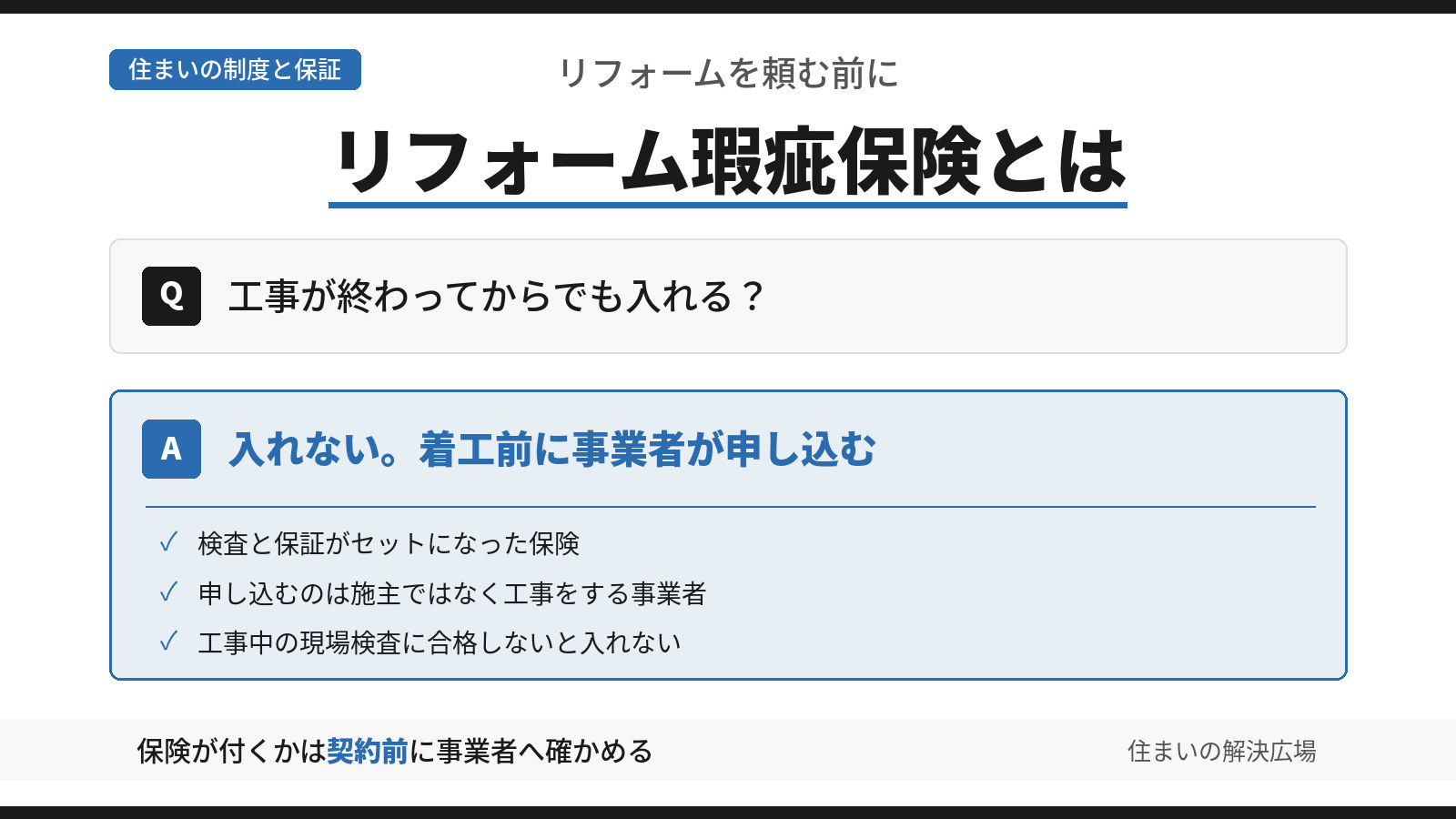 リフォーム瑕疵保険に工事後から入れるかという問いに、入れず着工前に事業者が申し込むと答え、検査と保証の仕組みなど3つの根拠を添えた図